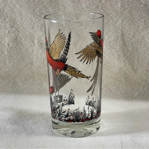 Vntg Libbey Highball Glass Red Ring Neck Pheasants Hunting Barware Game Bird - Picture 3 of 8